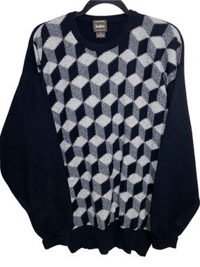 Neiman Marcus sweater Mens Large Cashmere Scotland Black Gray Geometric Crewneck